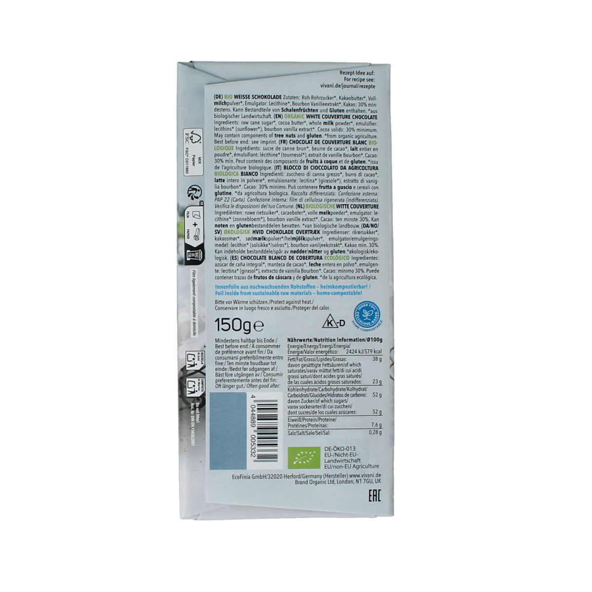 Vivani Couverture smeltchocolade wit bio 150.00 Gram