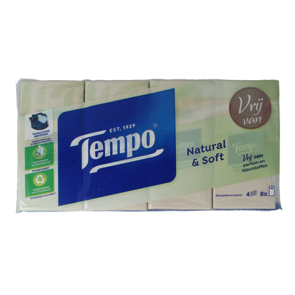 Tempo Natural & soft zakdoekjes 8 x 9 stuks 8.00 Stuks