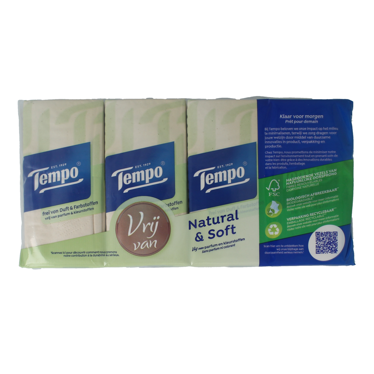 Tempo Natural & soft zakdoekjes 8 x 9 stuks 8.00 Stuks