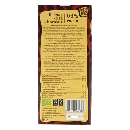 Happy Chocolate Puur 92% bio 85.00 Gram
