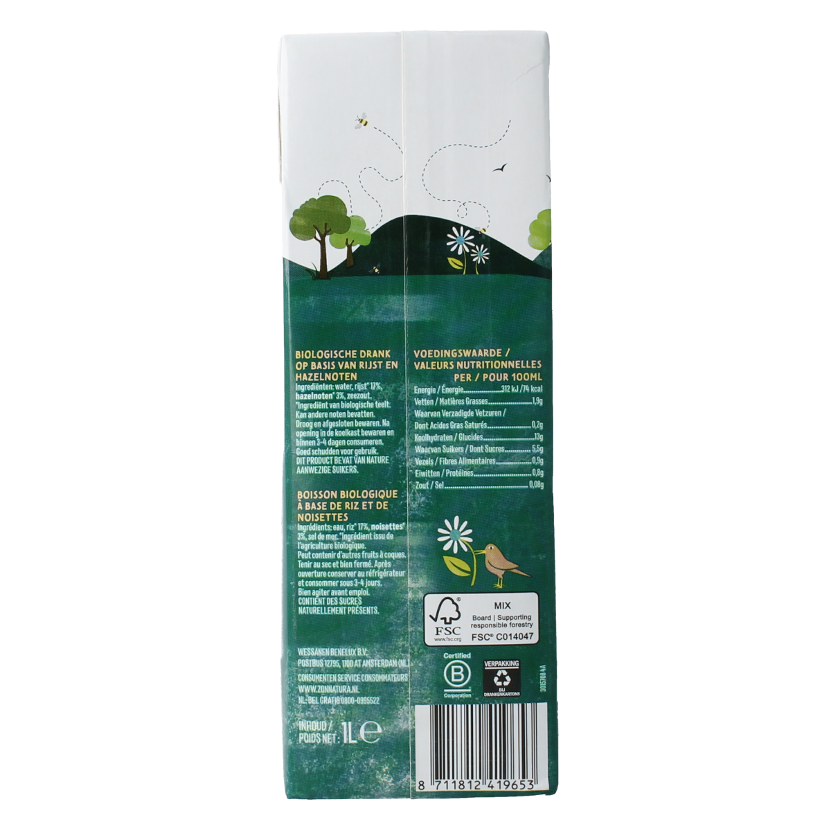 Zonnatura Rijst hazelnoot drink bio 1.00 Liter