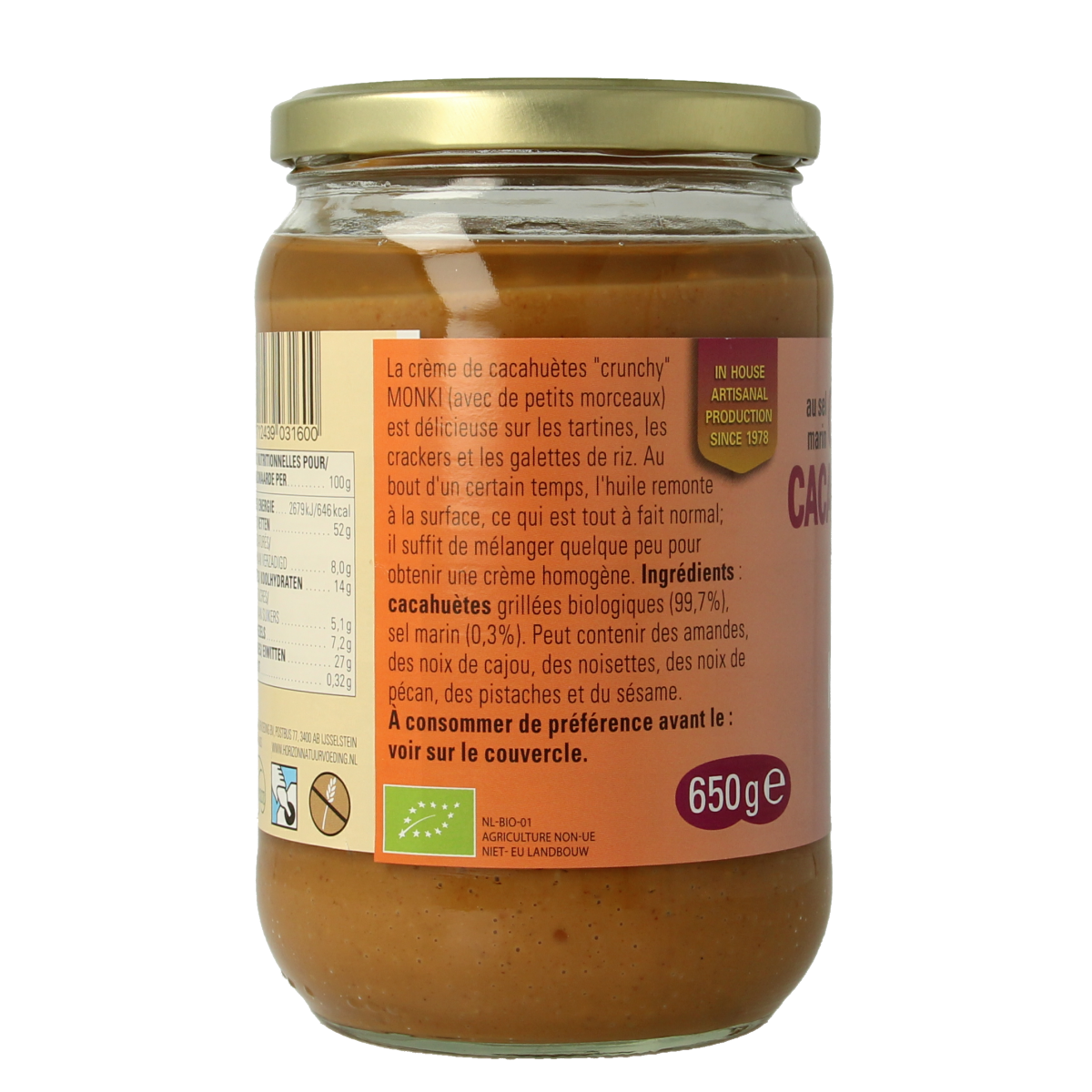 Monki Pindakaas crunchy met zout eko bio 650.00 Gram