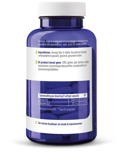 Vitakruid Borage Olie 1500mg GLA 300mg uit plantaardige bron 60.00 Softgels
